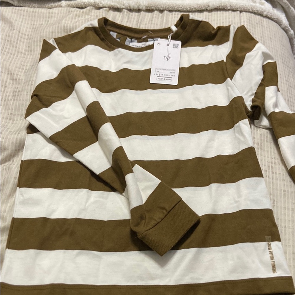 🟢10x$20 boys Denim & Flower Long Sleeve Brown and White Striped Tee